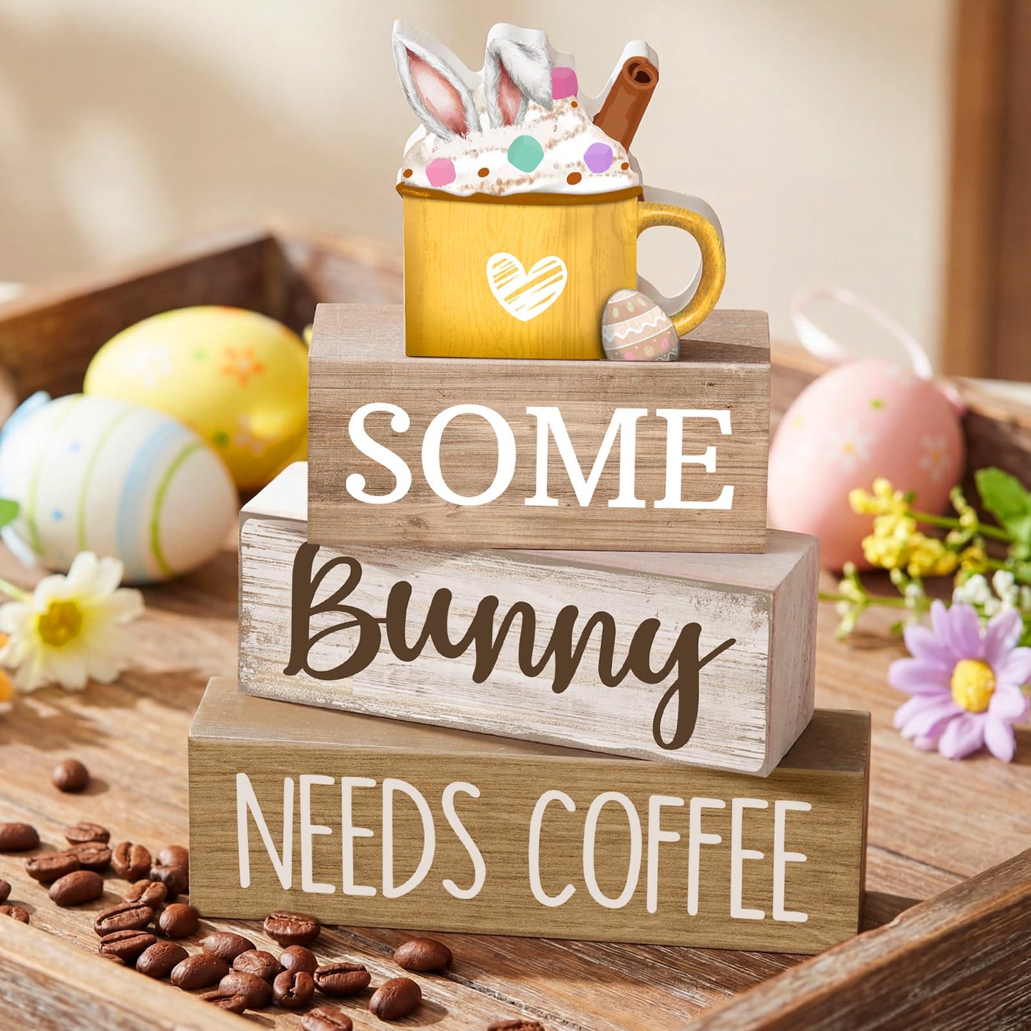 4 Pcs Easter Table Decorations Wooden Coffee Bunny Tiered Tray Decor Happy Easter Centerpiece for Tables Decorative Rabbit Block Signs Gifts Farmhouse Rabbit Decor for Home Kitchen Shelf