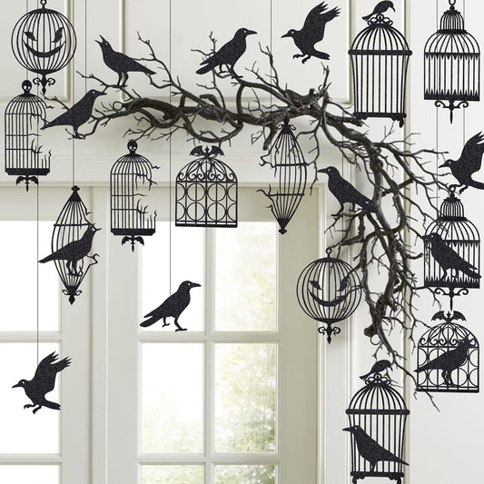 Cheerland Black Crow & Cage Garland for Gothic Glitter Halloween Sticker Decals Tree Hanging Decorations Raven Bird and Cage Banner Garland Backdrop for Horror Theme Birthday Party Supplies