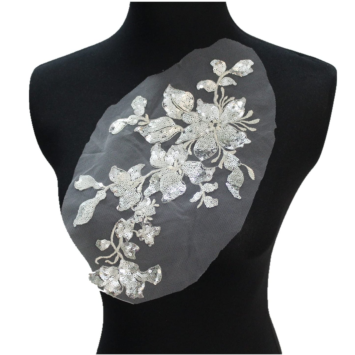 SUNMOVE Embroidery Sequin Lace Applique Sewing Flower Fabric Collar Patch for Wedding Gown Dress Bridal DIY Crafts(Silver)