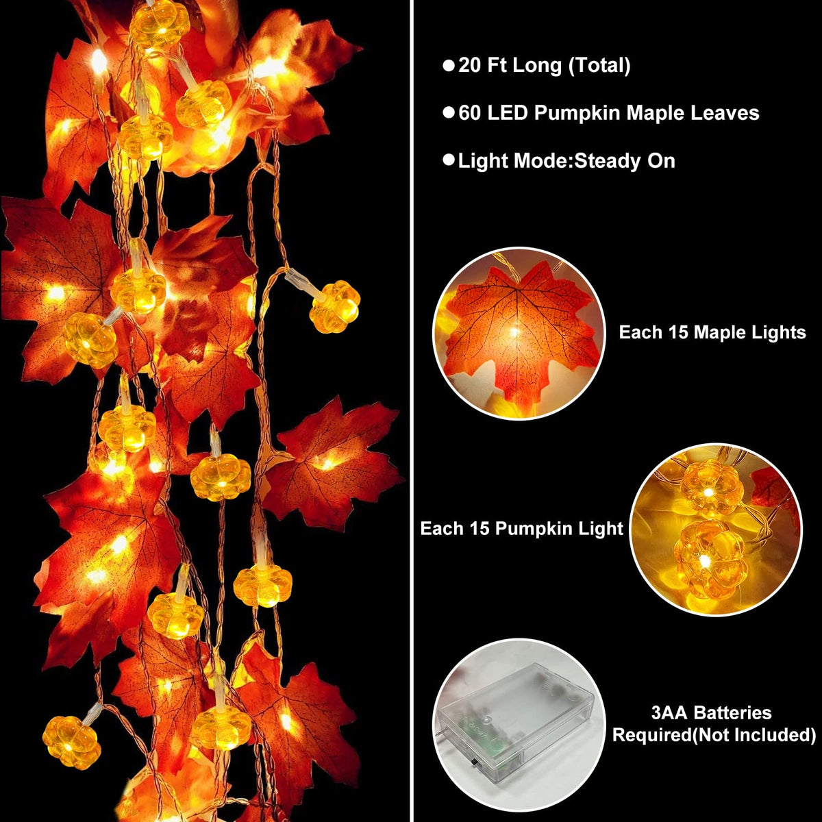 Timer - 2 Pack Fall Decor Fall Garland with Pumpkin Lights Battery Operated