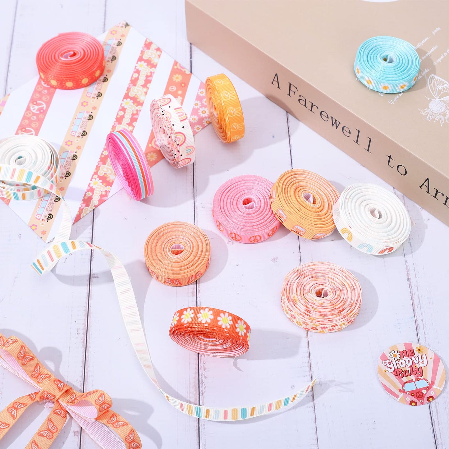 12 Rolls Groovy Retro Hippie Boho Ribbon Rainbow Butterfly Daisy Flower Craft Ribbon 60 Yards 3/8 Inch Printed Grosgrain Fabric Ribbon for Wreath Bow Making DIY Crafts Wrapping