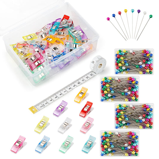 50Pcs Sewing Clips & 400PCS Sewing Pins with Box, Assorted Colors Quilting Clips Fabric Clips for Sewing Quilting Supplies Crafting Tools, Straight Pins with Colored Pearlized Ball Heads Long 1.6inch