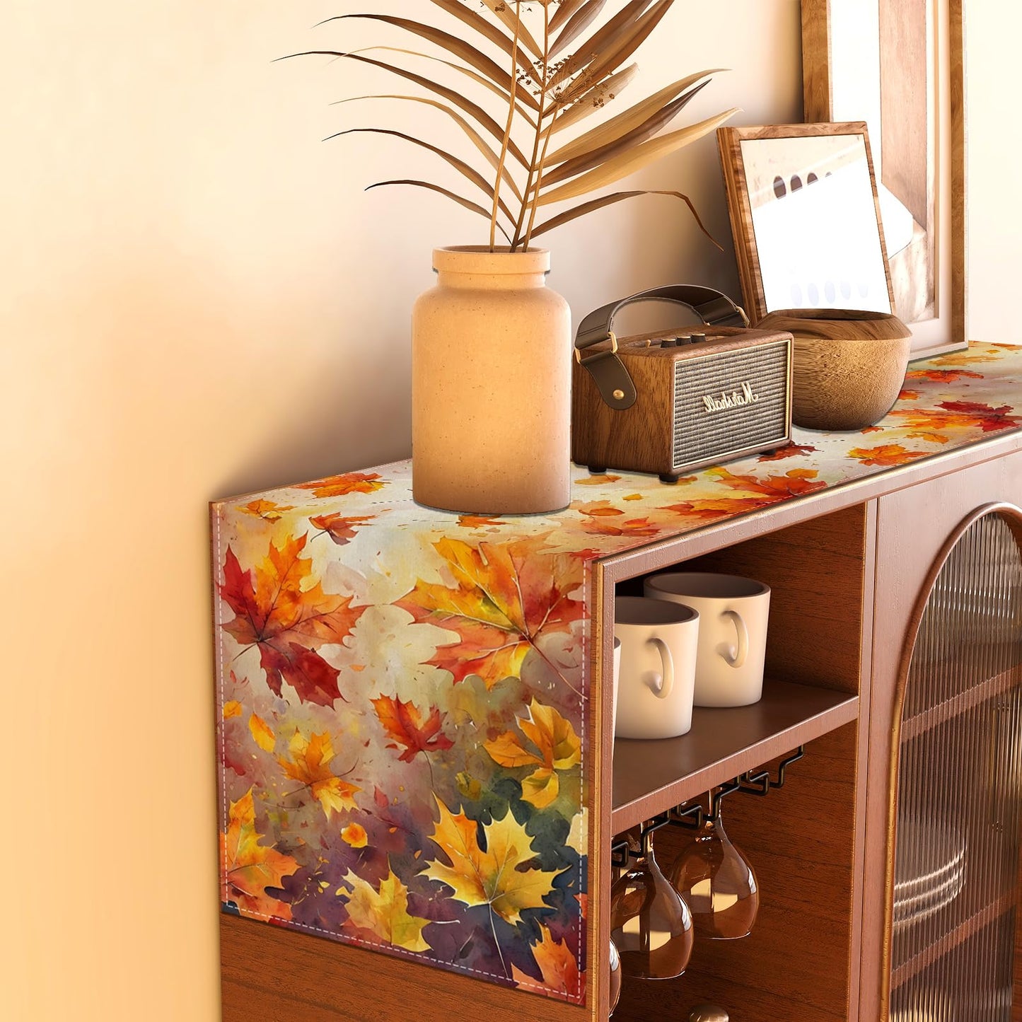 Maple Leaves Fall Table Runner,Autumn Thanksgiving Harvest Festival Farmhouse Decorations and Supplies for Home Kitchen Dining Room Table-13×72''