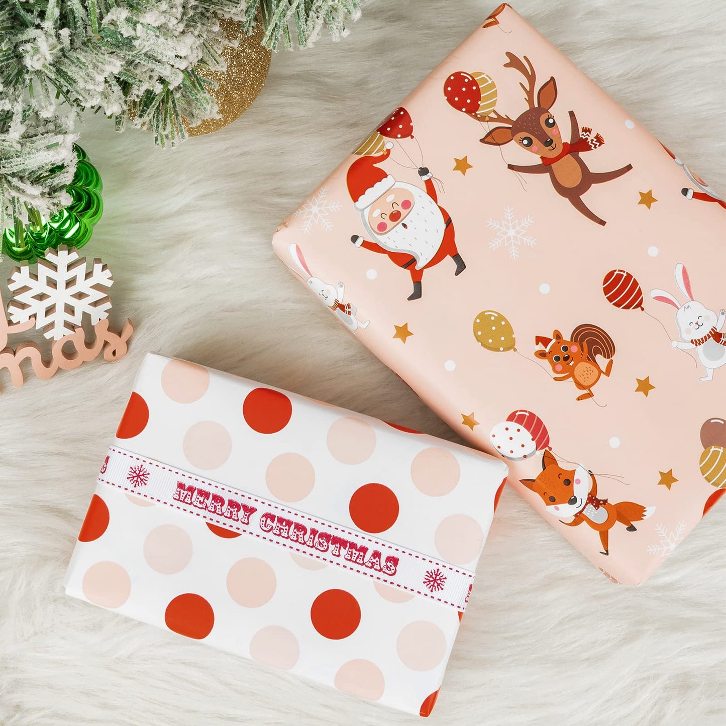 Reversible Christmas Wrapping Paper - Mini Roll - 17 Inch x 33 Feet - Red and Pink Dancing Santa Claus Reindeer and Colorful Polka Dots Design for Christmas, Holiday, Party