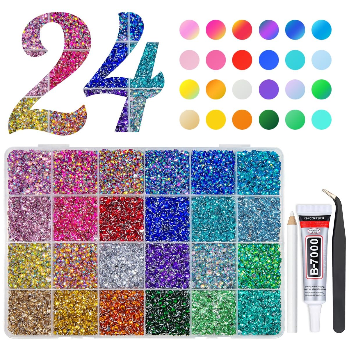 qiipii 24000Pcs 24 Color 3mm Crystal Resin Rhinestones w B7000 Glue for Bedazzling Crafting Flatback Stones Colorful Crystals Gems Diamonds Charms for Nails Eyes Face Makeup Crafting Tumblers Crafts