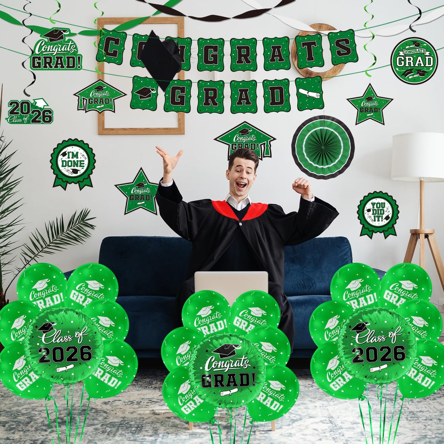 Green Themed 2026 Graduation Decorations Set - Congrats Grad Banner, Class of 2026 Backdrop, Balloons & Streamers Kit - Complete Party Supplies for High School & College Celebrations