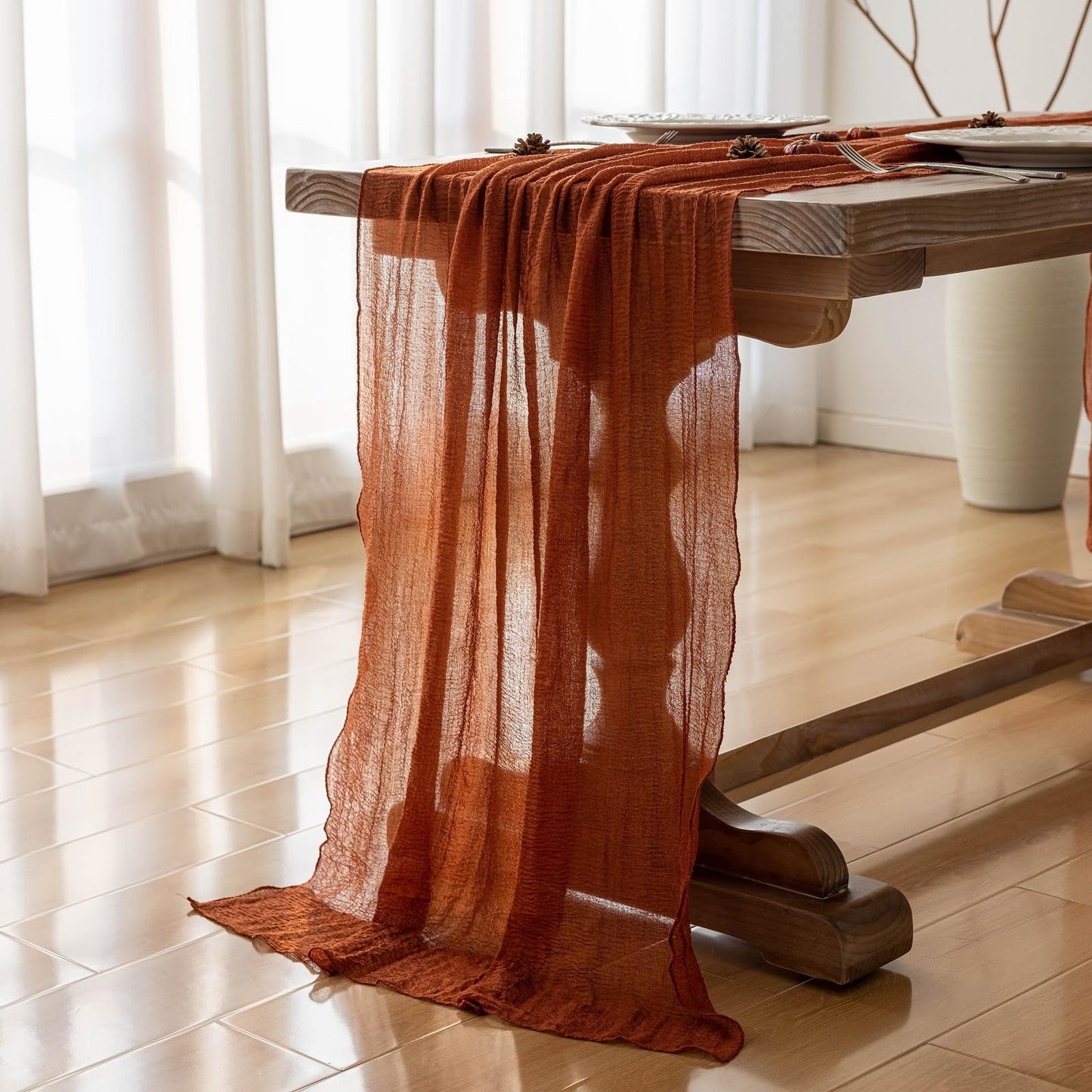 Keketo Fall Table Runner Terracotta Gauze Cheesecloth 120 Inch 10 FT Rustic Burnt Orange Cheese Cloth Table Runner for Wedding Baby Bridal Shower Party Rustic Boho Sheer Centerpiece Home Decorations