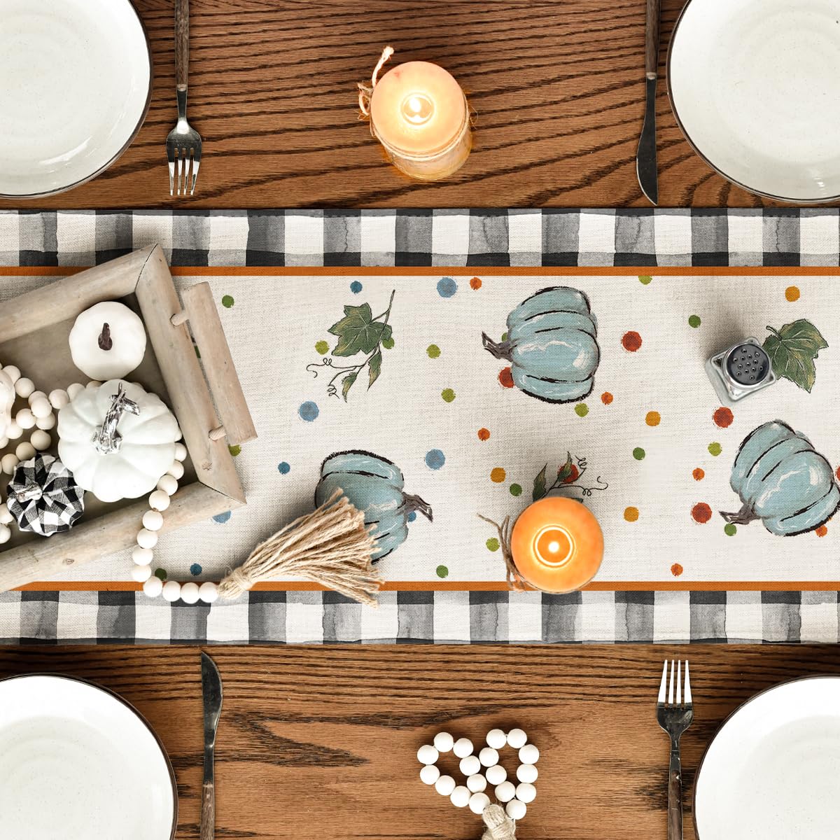 Artoid Mode Blue Pumpkin Bowknot Buffalo Plaid Fall Table Runner,Seasonal Autumn Kitchen Dining Table Decoration for Home Party Decor 13x72 Inch