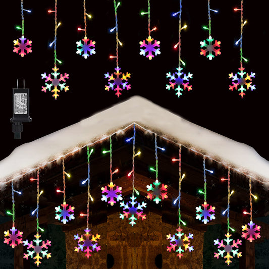 Christmas Snowflake Lights Outdoor, 17.22ft 264 LED Snowflake Icicle Lights with 22 Drops, Connectable, 8 Modes Waterproof Multicolor Christmas Light for Curtain, Eaves, Window, Xmas Decor