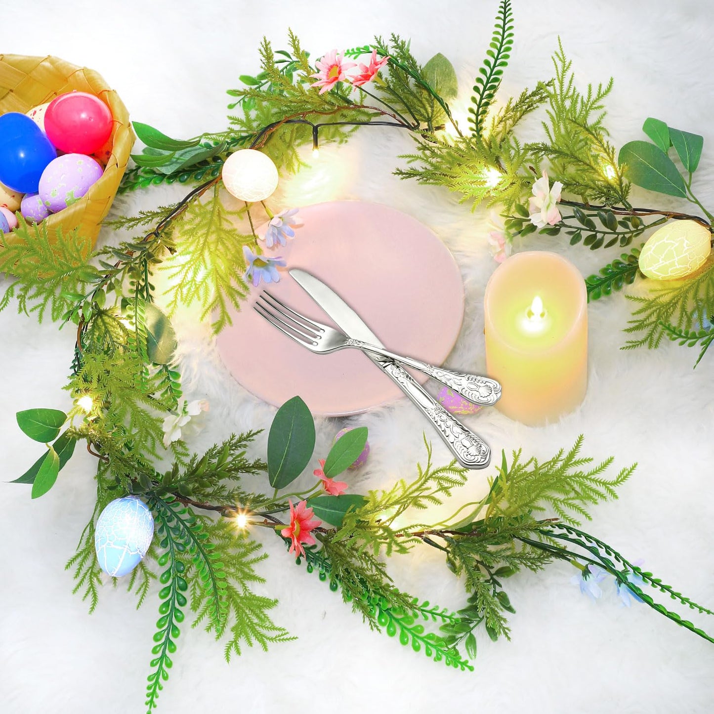 6.7FT Easter Lighted Garland,Artificial Spring Vine Branche with Easter Egg Berries Flower for Mantle Fireplace Home Table Party Decoration