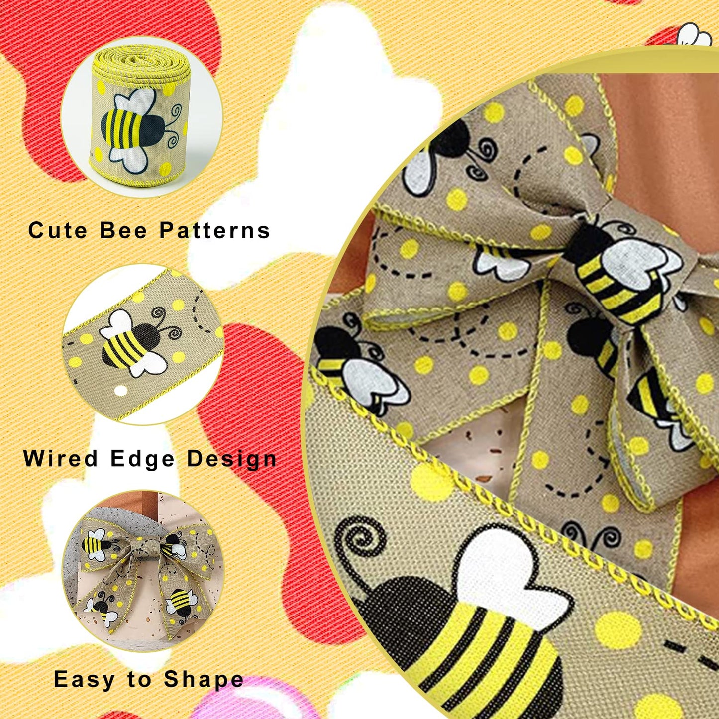 Bee Ribbons 6 Rolls Bee Wired Ribbon Sewing DIY Craft Bee Fabric 40 Yards 2.5 Inch Yellow Ribbon Stripe Gingham Dot Summer Ribbon Craft Bees for Bows Wreaths Wrapping Party Decorative