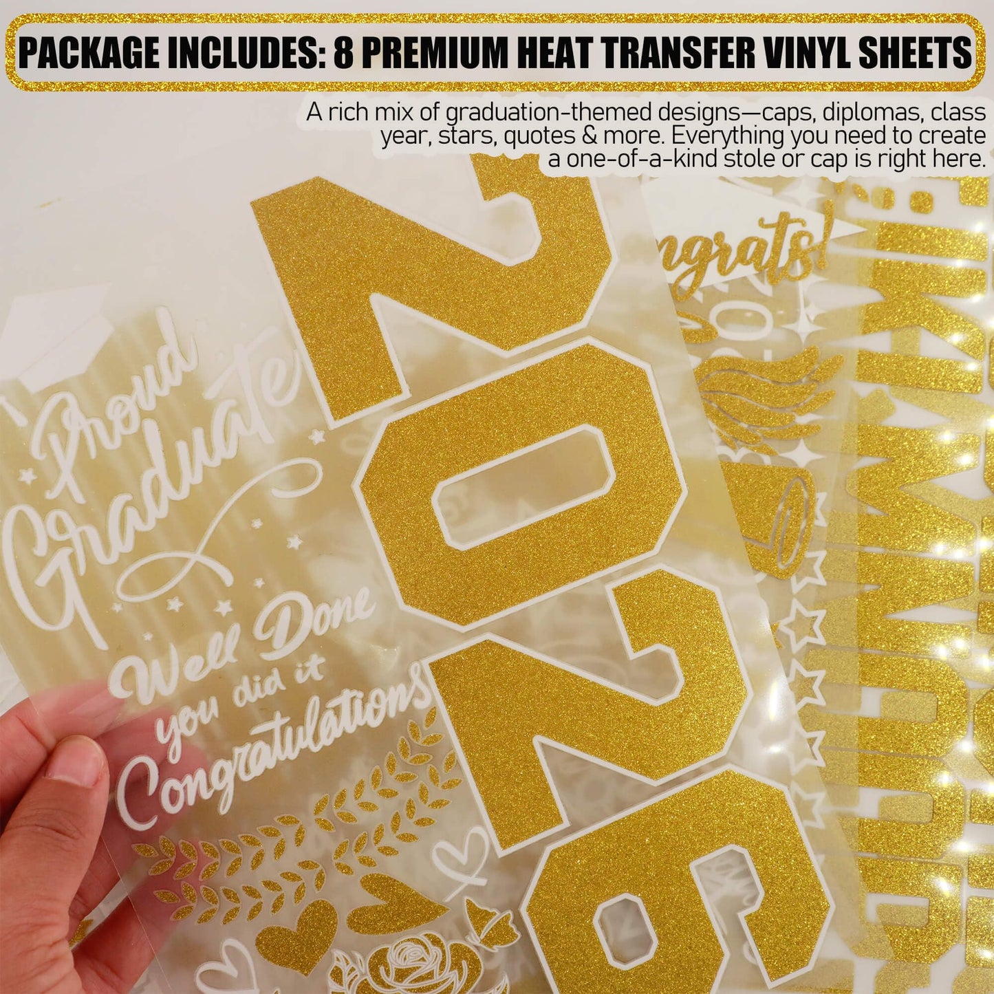 Graduation Stole Sash Class of 2026 Decorations DIY Customize Graduation Stole Graduation Sash Personalized Iron-On Decals Heat Transfer Vinyl HTV Cutouts Set, White Gold