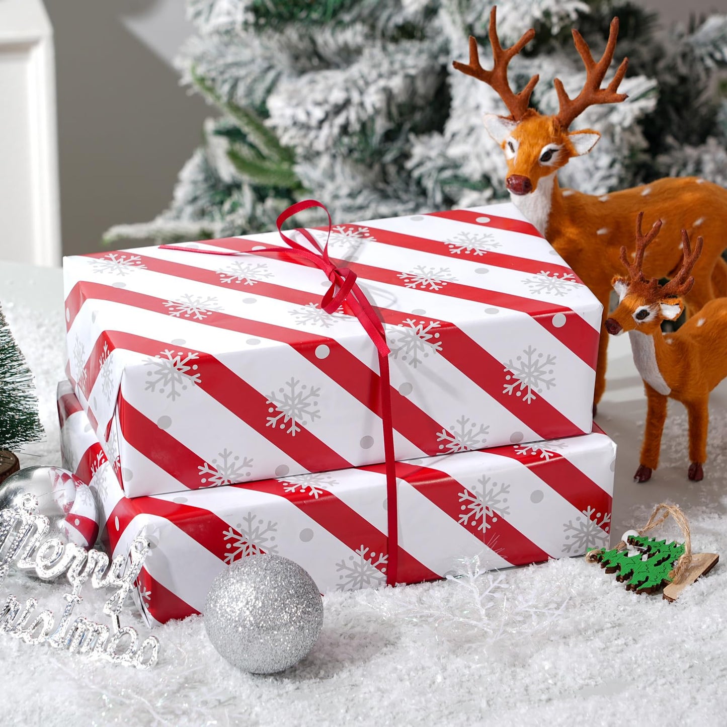 Cuitpan White Christmas Wrapping Paper Bundle for Kids Adults - Reindeer, Stripes, Woodlands, Snowflake, Red Truck Winter Scene Designs - 28 x 40 Inches, 6 Jumbo Sheets, Recycled