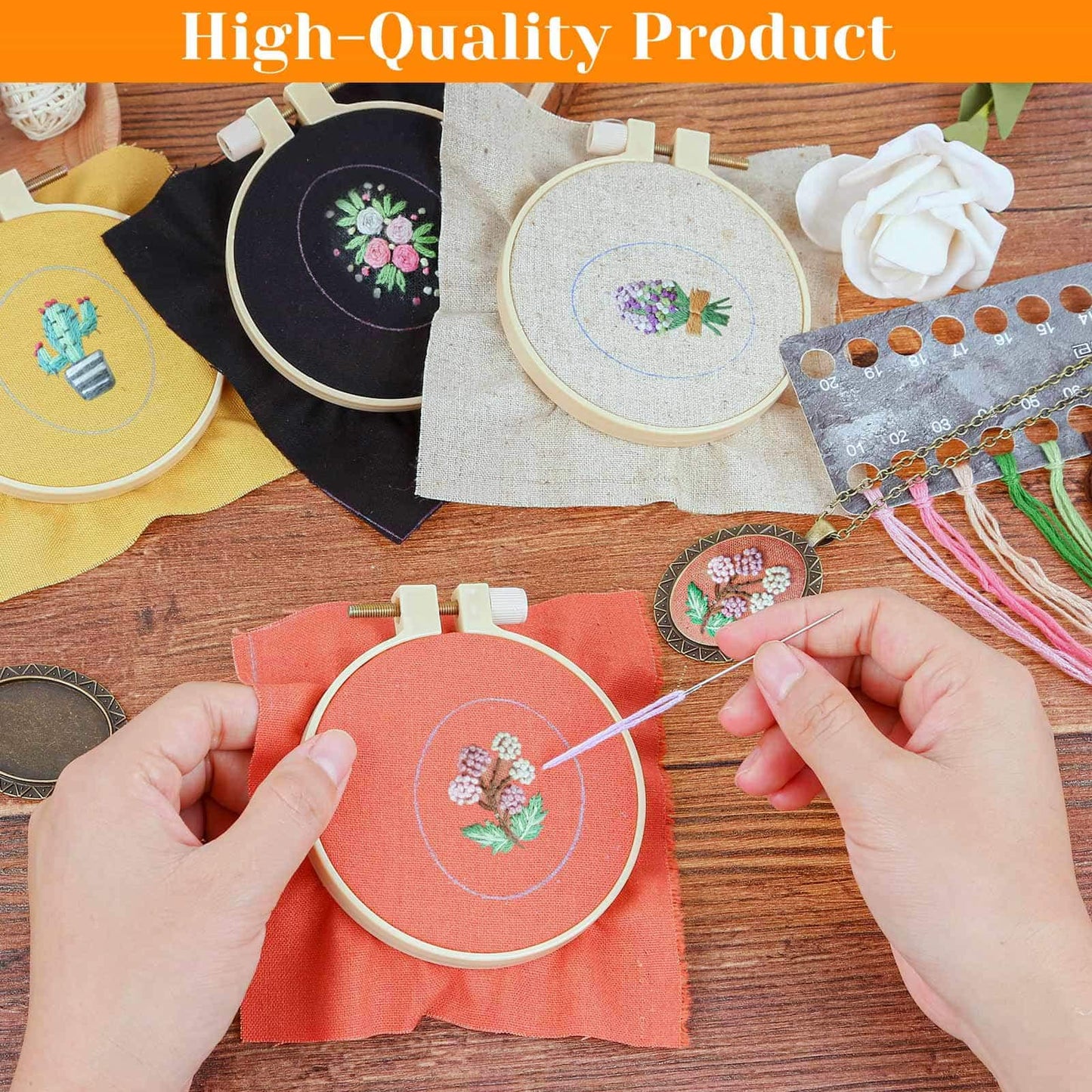 4 Packs Embroidery Kit for Beginners, Shynek 26 Pcs Mini Cross Stitch Kits includes Stamped Embroidery Clothes with Flowers Pattern Embroidery Necklace Pendant Embroidery Hoops and Necklace Chains