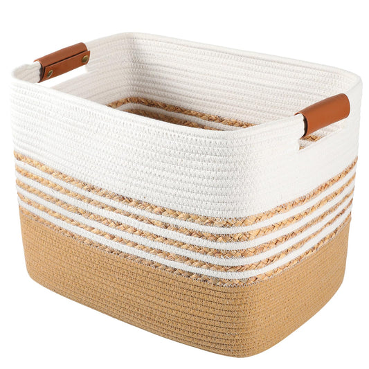 LWYMX Woven Baskets for Storage Gifting, 15.7"x11.8"x11.8" Cotton Rope Basket with Handles Gift Storage Basket for Organizing Bins, Nursery Toy Laundry Blanket Basket for Living Room Closet Shelves