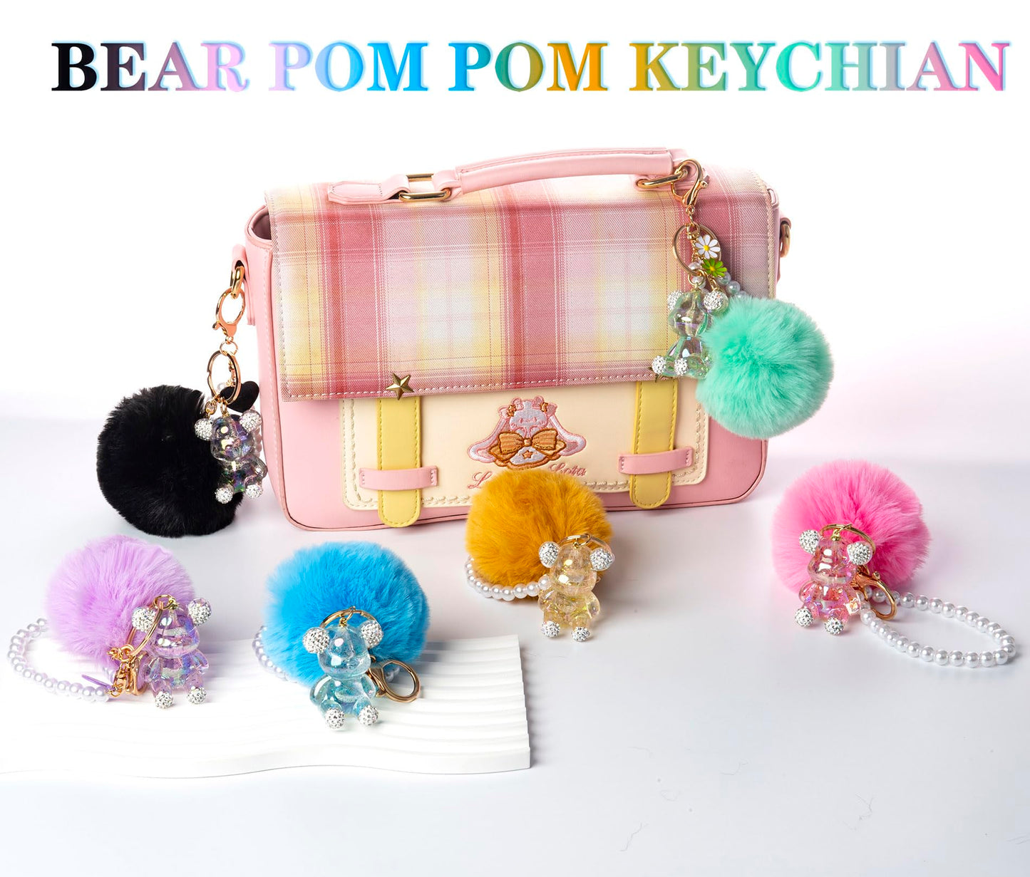 YOU WIZV Cute Pink Bear Keychain for Women with Puff Ball Purse Charms, Girls Bling Key Chains for Car Keys, Backpack, Purse Accessories, Pink Pom Pom Keychain