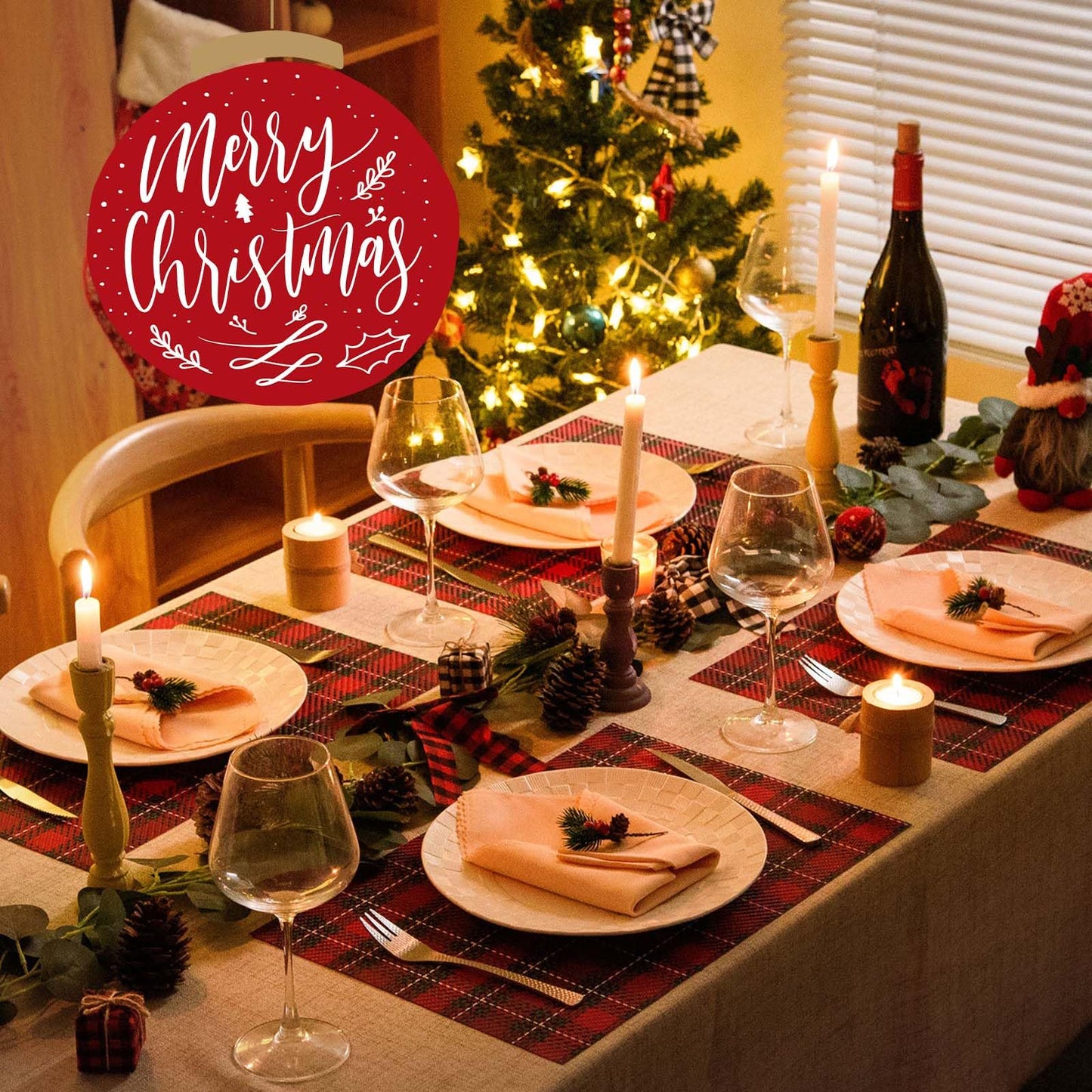 Christmas Placemats Set of 6 for Dining Table Washable Woven Vinyl Non-Slip Placemat Heat-Resistant Durable Table Mats for Dining Table Easy to Clean (Red Grid)
