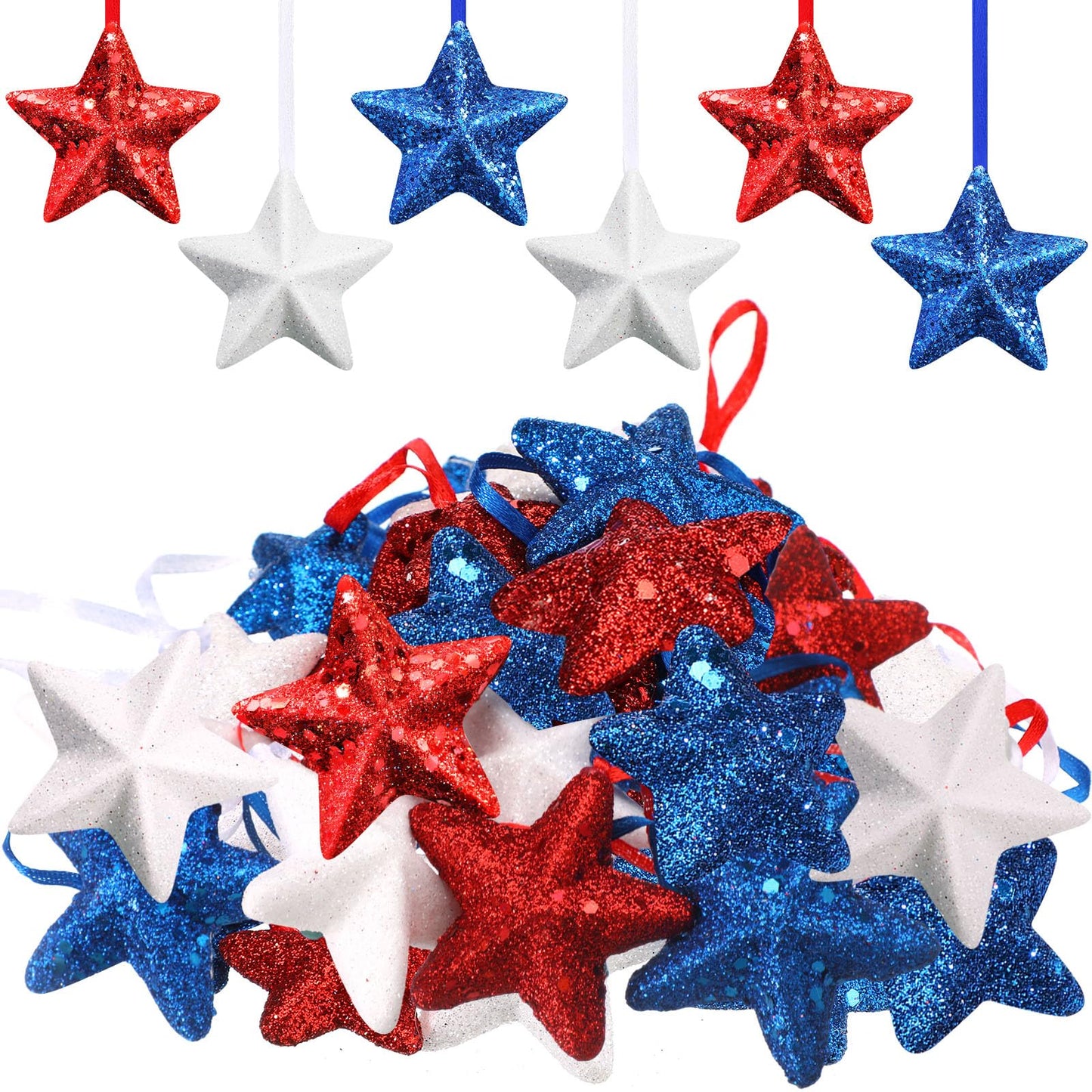 Sratte 12 Pcs 4th of July Tree Decorations Red White Blue Star Ornaments Patriotic Hanging Star Shaped Ornaments for Independence Day 250th Anniversary Holiday Party Supplies (Stylish Style)