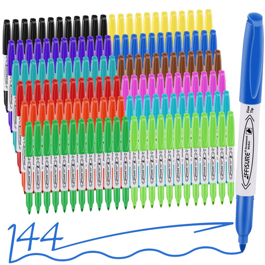 12 Colors Permanent Markers， 144 Pack colored marker sets, Assorted Colors Marker，Fine Point， Permanent Markers Bulk, Fast Dry, Waterproof, work on Plastic, Glass, Metal, Wood and Stone