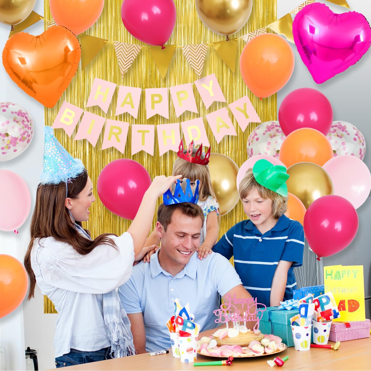 Pink Orange Party Decorations,Birthday Decorations with Hot Pink Orange Gold Balloons Happy Birthday Banner Fringe Curtain for Girls Women Teens Kids Party Decor