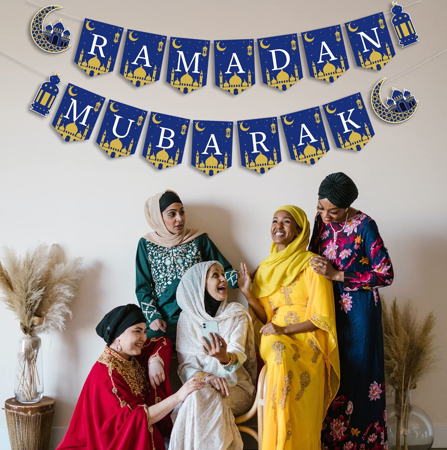 Ramadan Mubarak Banner Muslim Ramadan Mubarak Bunting Banner Garland with Lantern Moon Castle Sign Eid Mubarak Festival Celebration Party Decorations for Mantle Fireplace Wall Party Supplies