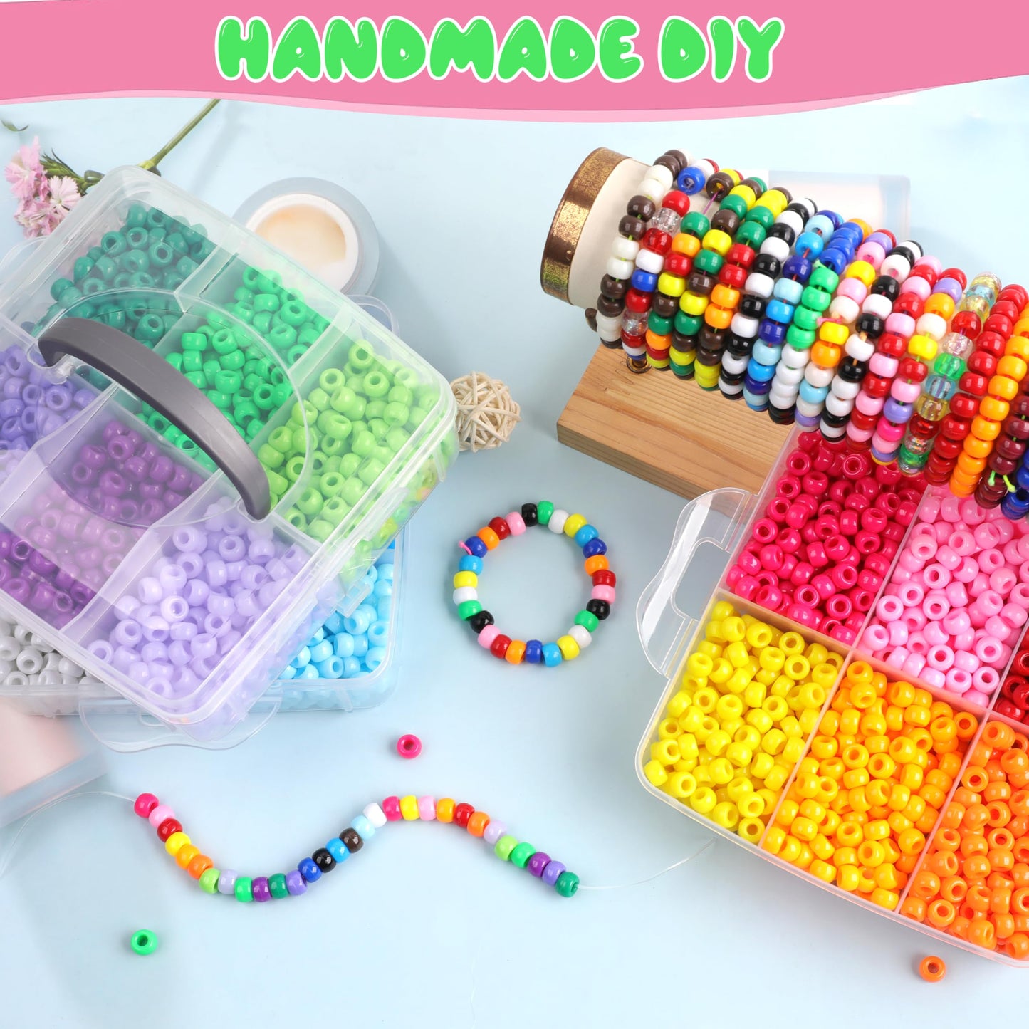 KAKW Pony Beads for Bracelets 3600 Pcs Plastic Beads for Friendship Bracelets Necklace 6x9mm 18 Solid Colors