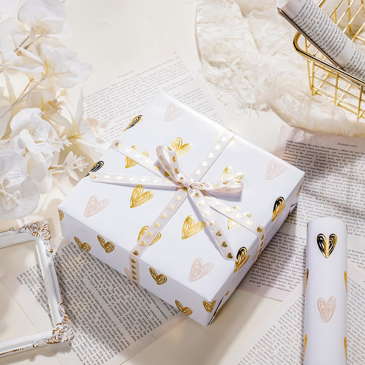 Heart Wrapping Paper Roll - Mini Roll - 17 Inch x 16.5 Feet - Gold Foil Heart Design for Valentines Day, Wedding, Bridal Shower, Birthday, Baby Shower