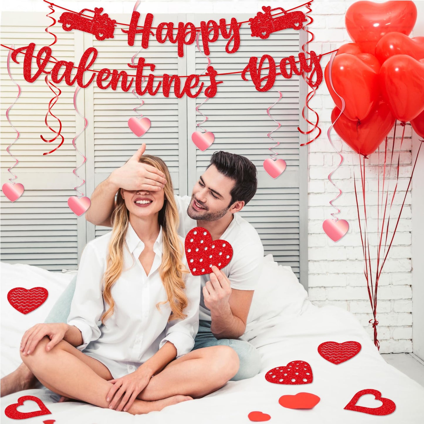 45 Pcs Valentines Day Decorations Kit - Happy Valentines Day Banner, Glitter Ceiling Hanging Hearts, Foil Swirls, Streamers Decor for Home Office Valentine Party Supplies