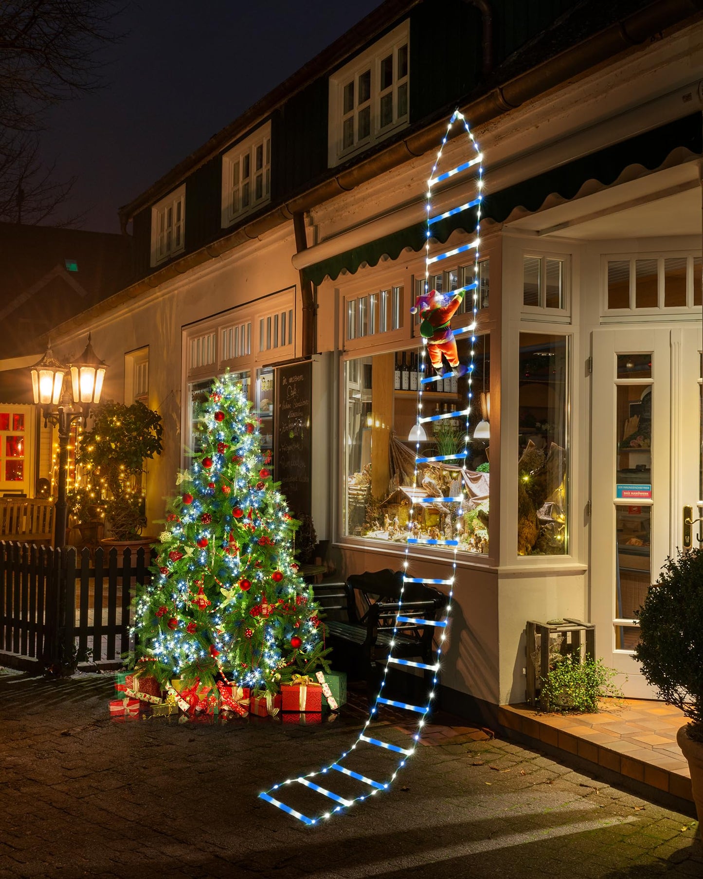 LED Christmas Lights - 10ft Christmas Decorative Ladder Lights with Santa Claus, Xmas Decorations Light for Indoor Outdoor, Window, Garden, Home, Wall, Xmas Tree Decor - White & Blue