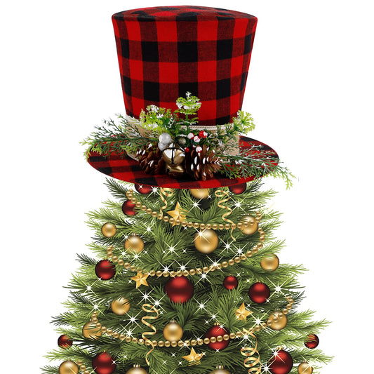 Prsildan Christmas Plaid Top Hat Tree Topper with Pine Cones, Berries, and Bells - Holiday Decor