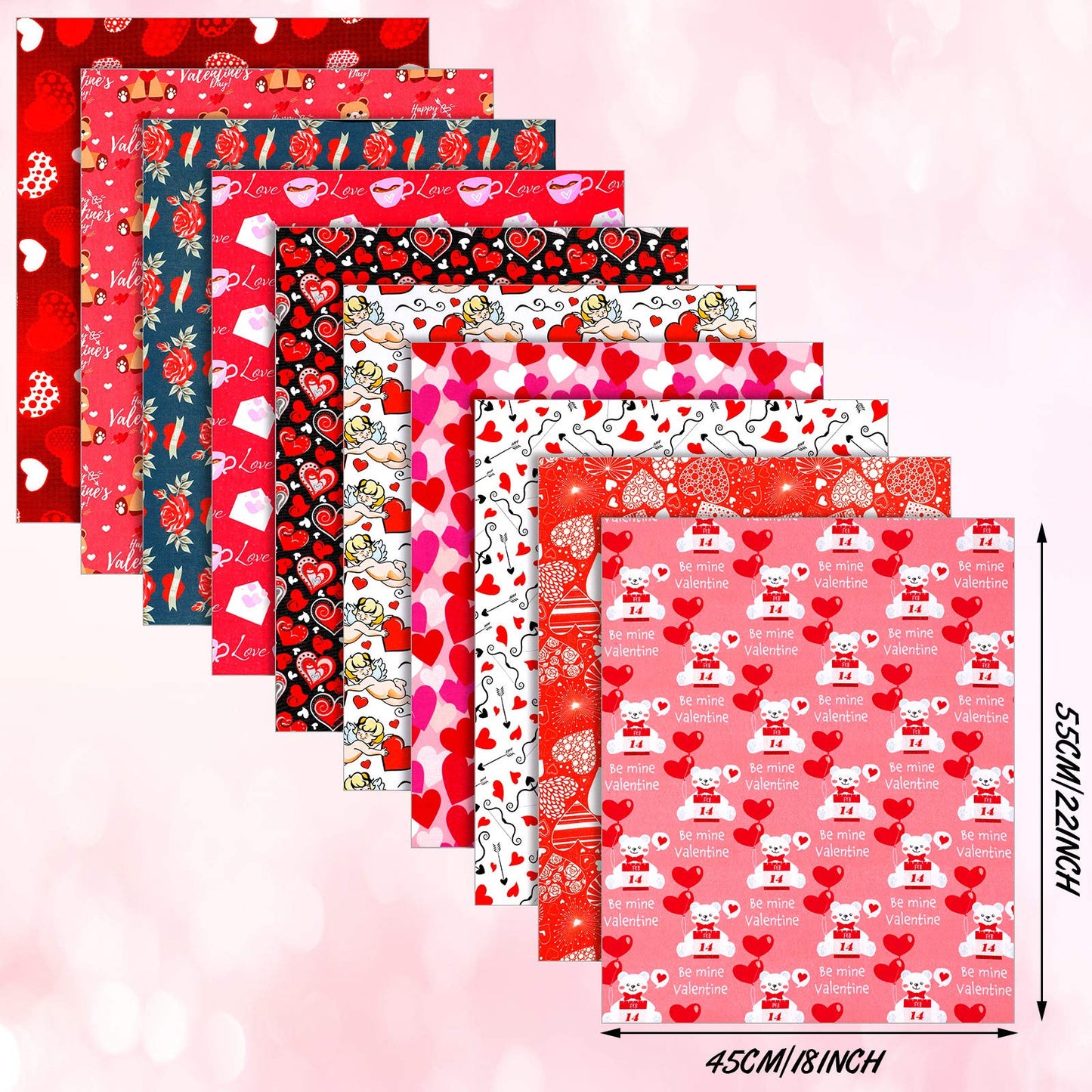 10 Pieces Valentine's Day Fabric 18 x 22 Inch Heart Fat Quarters Printed Red Love Sewing Bundles Precut Quilting Patchwork DIY Fabric Scraps for Valentine's Day DIY Craft