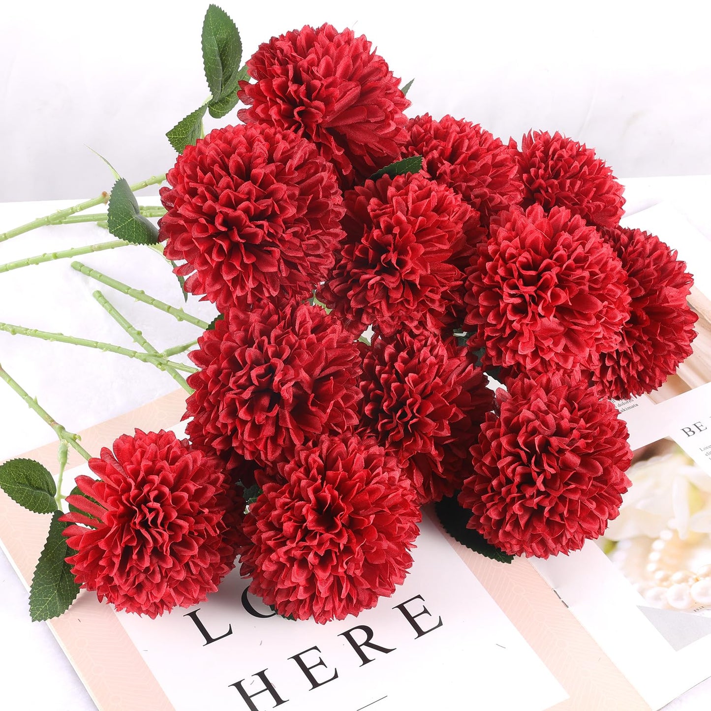 Hananona 12 Pcs Artificial Chrysanthemums Flowers Burgundy Red Flowers, Fake Mums Silk Flowers for Spring Home Decor Christmas Floral Arrangement Halloween Table Centerpiece (12, Burgundy)