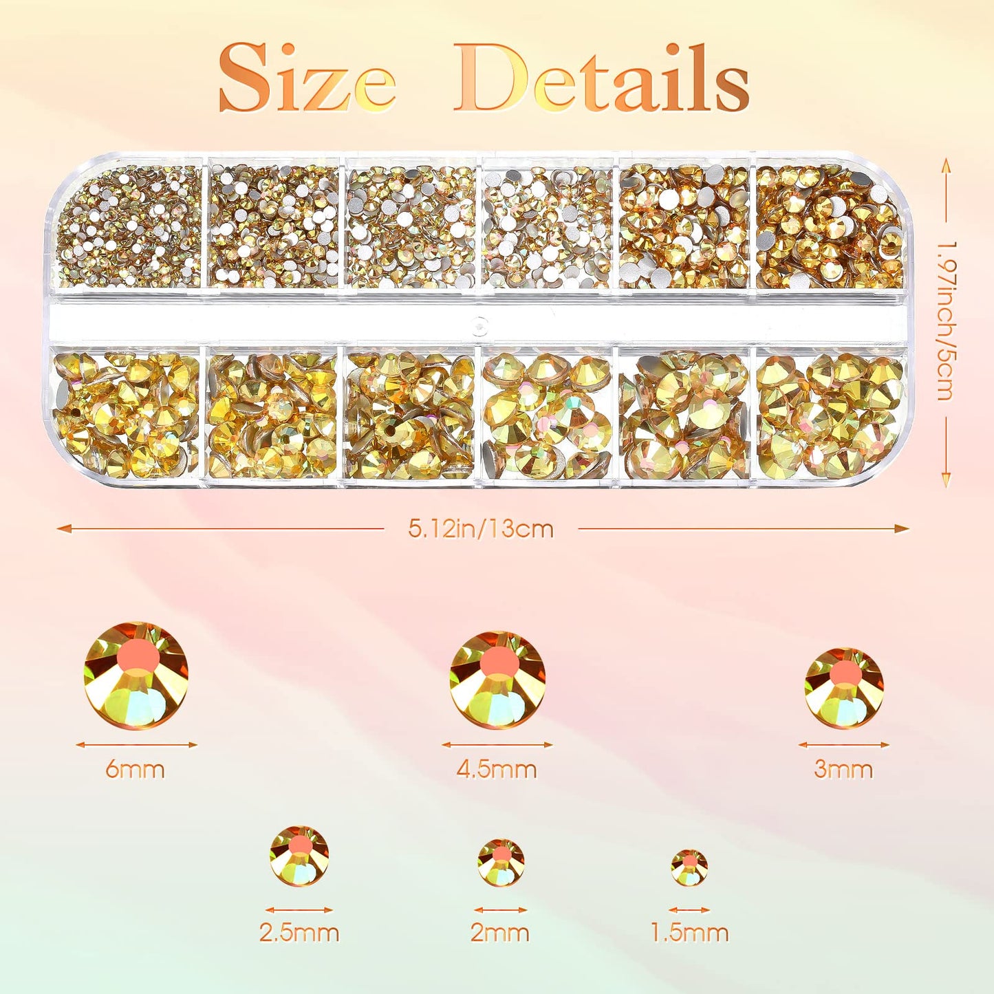 TecUnite 2000 Pieces Flat Back Gems Rhinestones 6 Sizes (1.5-6 Mm) Round Crystal Rhinestones with Tools for Crafts Nail Clothes Shoes Bags DIY Art (Metallic Sunshine)