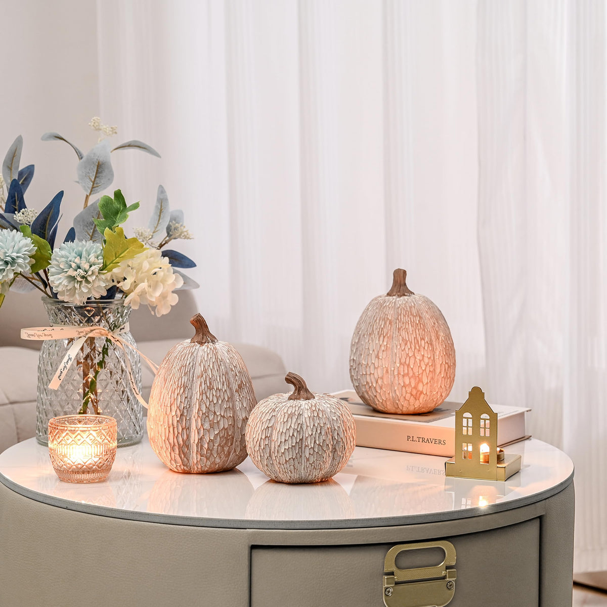 AOMOONOA Artificial Pumpkin Decor, Brown and White Decorative Pumpkins