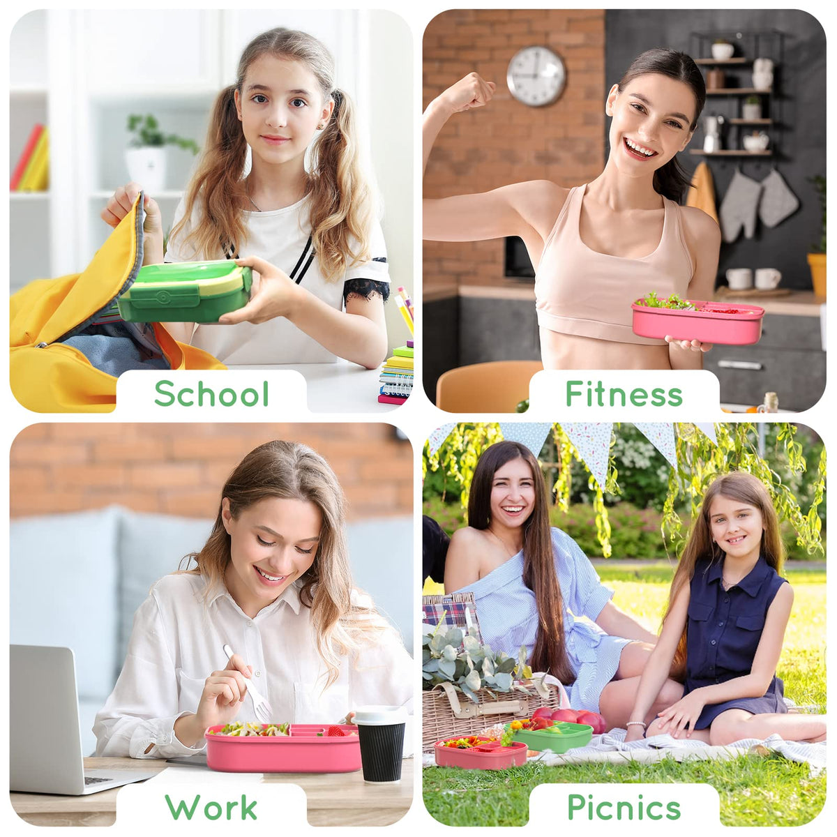 TIME4DEALS Bento Lunch Box Leakproof 44oz Kids Lunch Box Containers with 4 Compartment, Bento-Style Lunch Bento Box with Cutlery, Reusable Kid Back to School Meal/Snack Packing BPA Free (Green)
