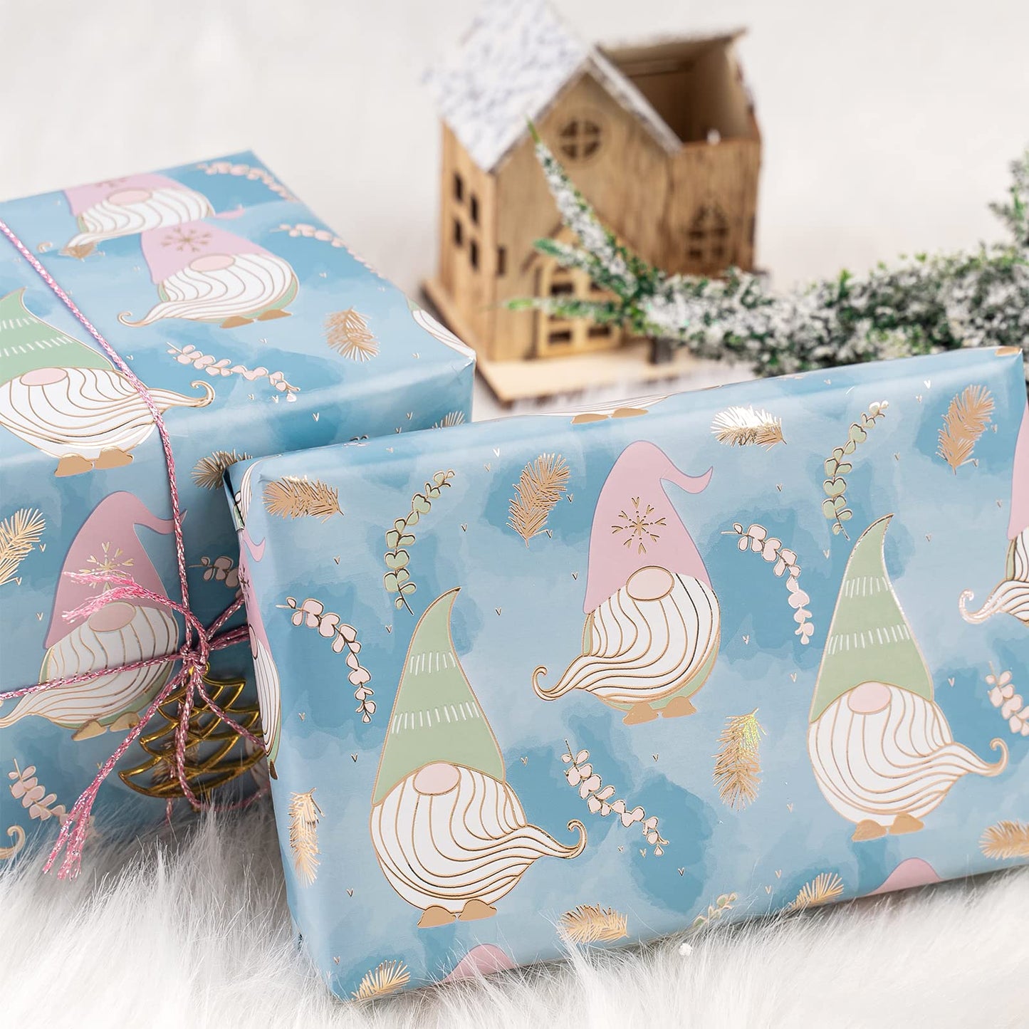 Reversible Christmas Wrapping Paper - Mini Roll - 17 Inch x 33 Feet - Blue Purple Gnome and Plaid Design with Metallic Foil Shine for Holiday, Party, Celebration