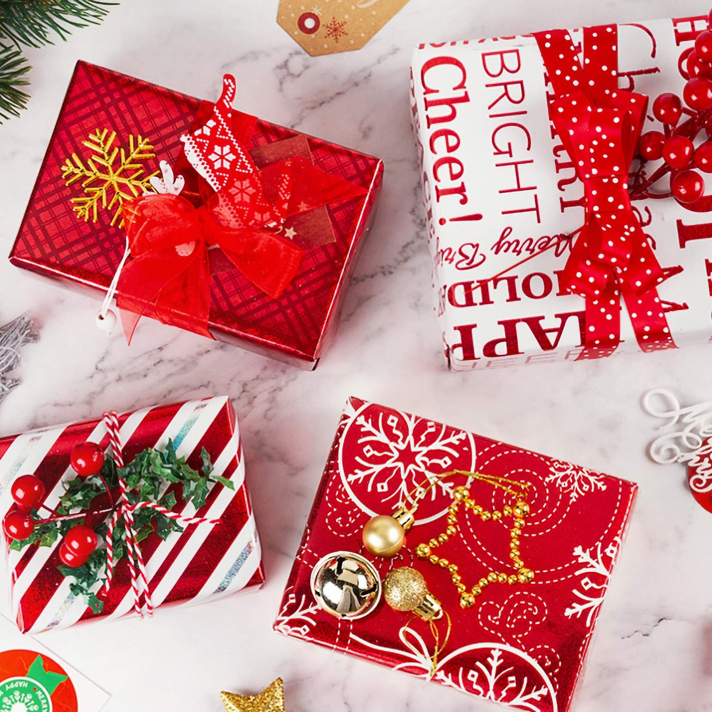 30 Inch Christmas Wrapping Paper Set - Jumbo Roll Red and White Christmas Design with Metallic Foil Shine - 4 Rolls - 30 inch x 120 inch Per Roll