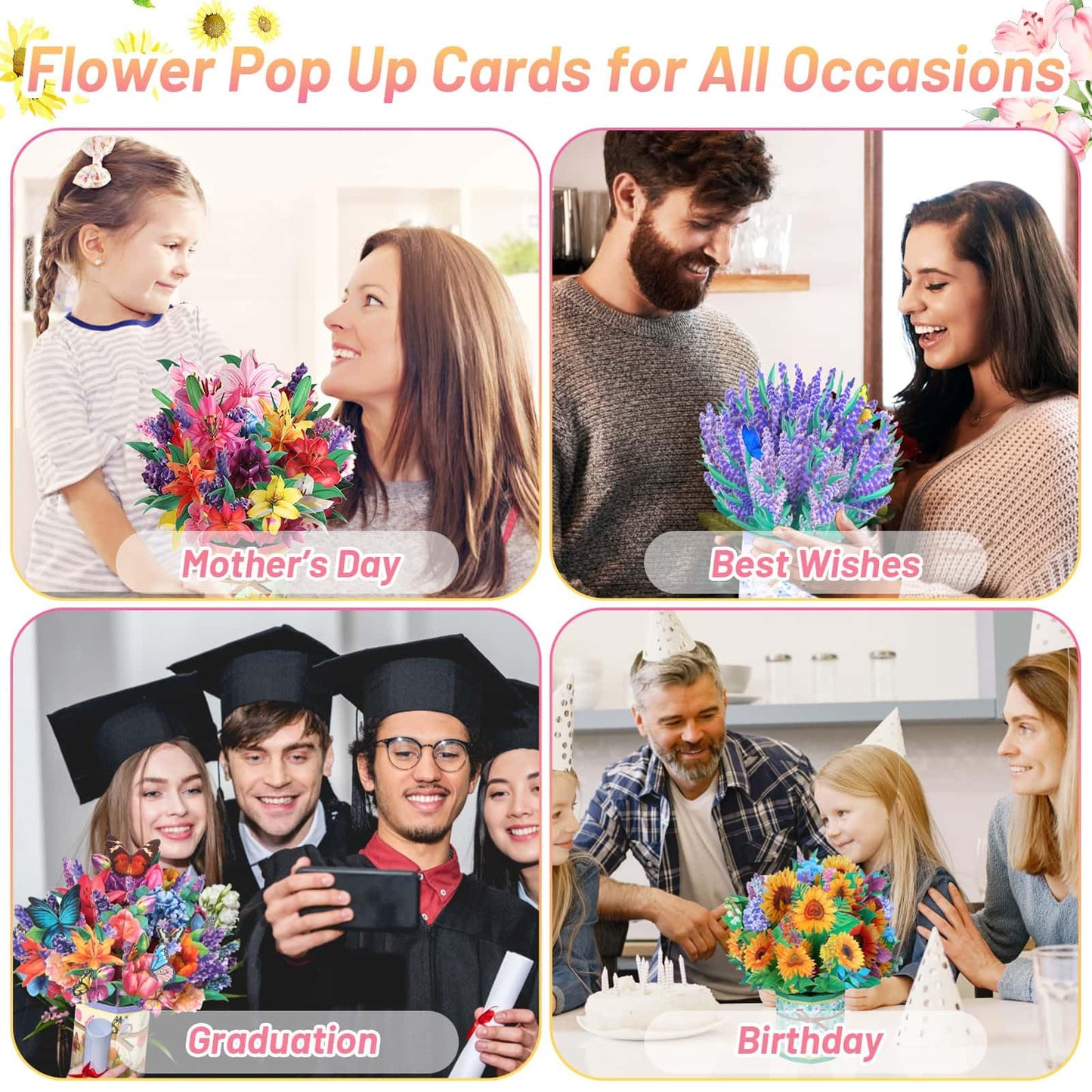 4Pack Paper Flower Pop Up Cards, Flower Bouquet Card Popup 3D Greeting Cards for Mother's Day, Graduation, Anniversary, Birthday, Congratulations, Get Well, Home Decor, with Envelope and Note