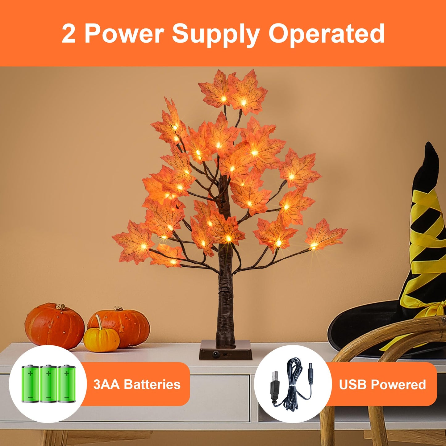 24IN Lighted Maple Tree for Fall Decorations, USB & Battery Operated with Timer Table Lights for Home Party Indoor Outdoor Thanksgiving Autumn Harvest Decor