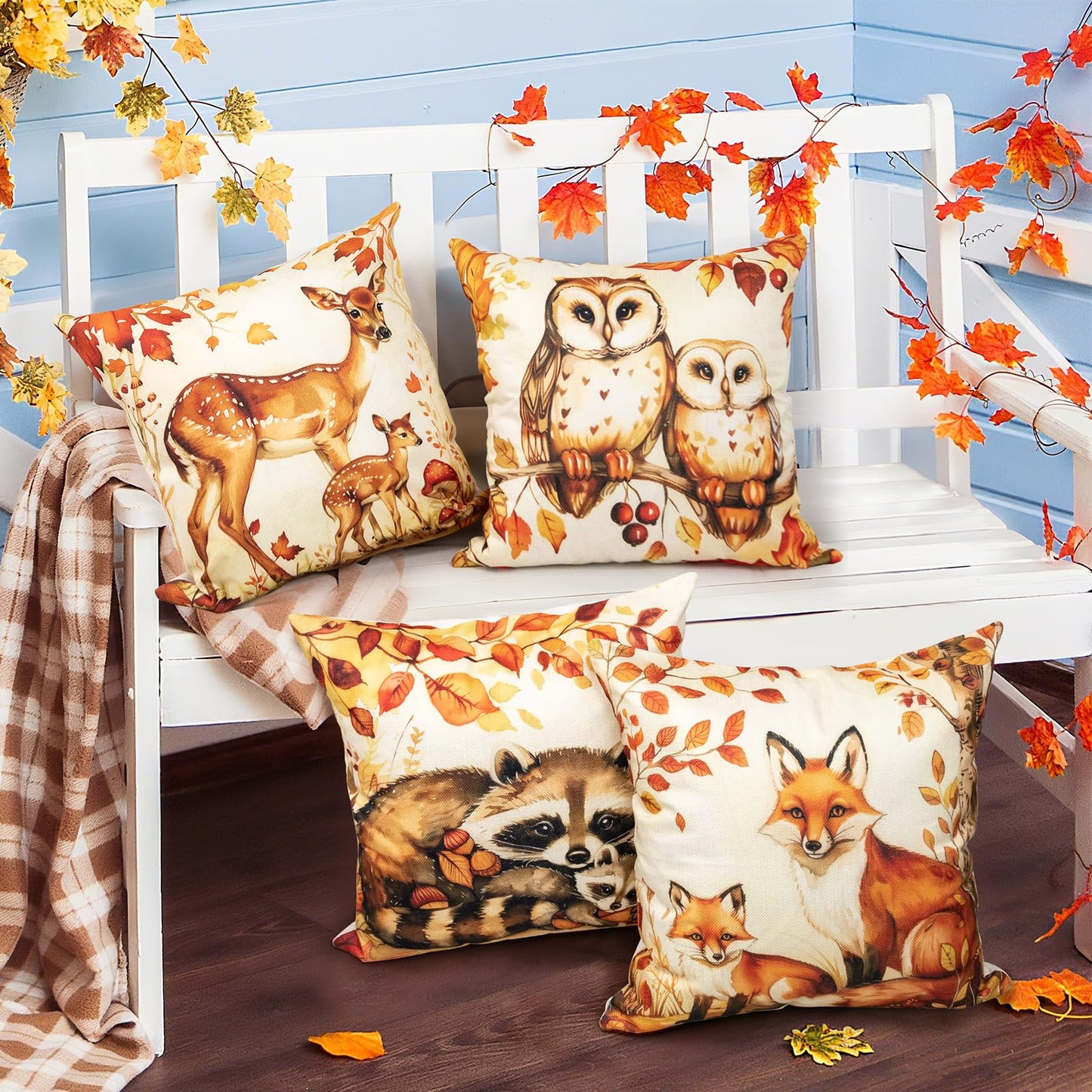 Animal Family Theme Fall Pillow Covers 18x18 Inch Set of 4, Burnt Orange Rust Decorative Autumn Thanksgiving Harvest Home Decor for Sofa Couch Living Room