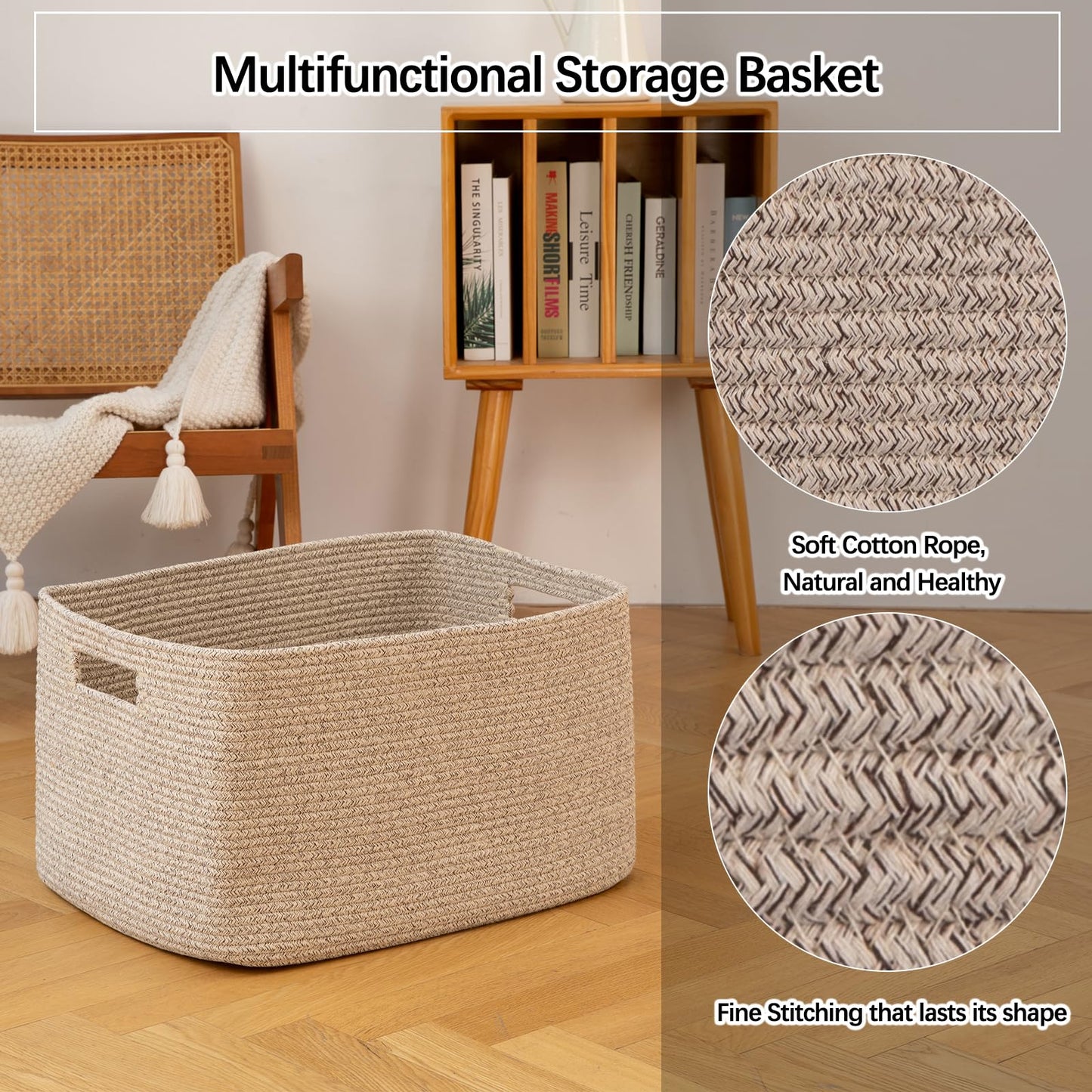 OIAHOMY Cotton Rope Basket, Rectangle Woven Nursery Blanket Basket, Toy Storage Basket with Handle, Baskets for Organizing, 18”x14”x12”, Brown variegated