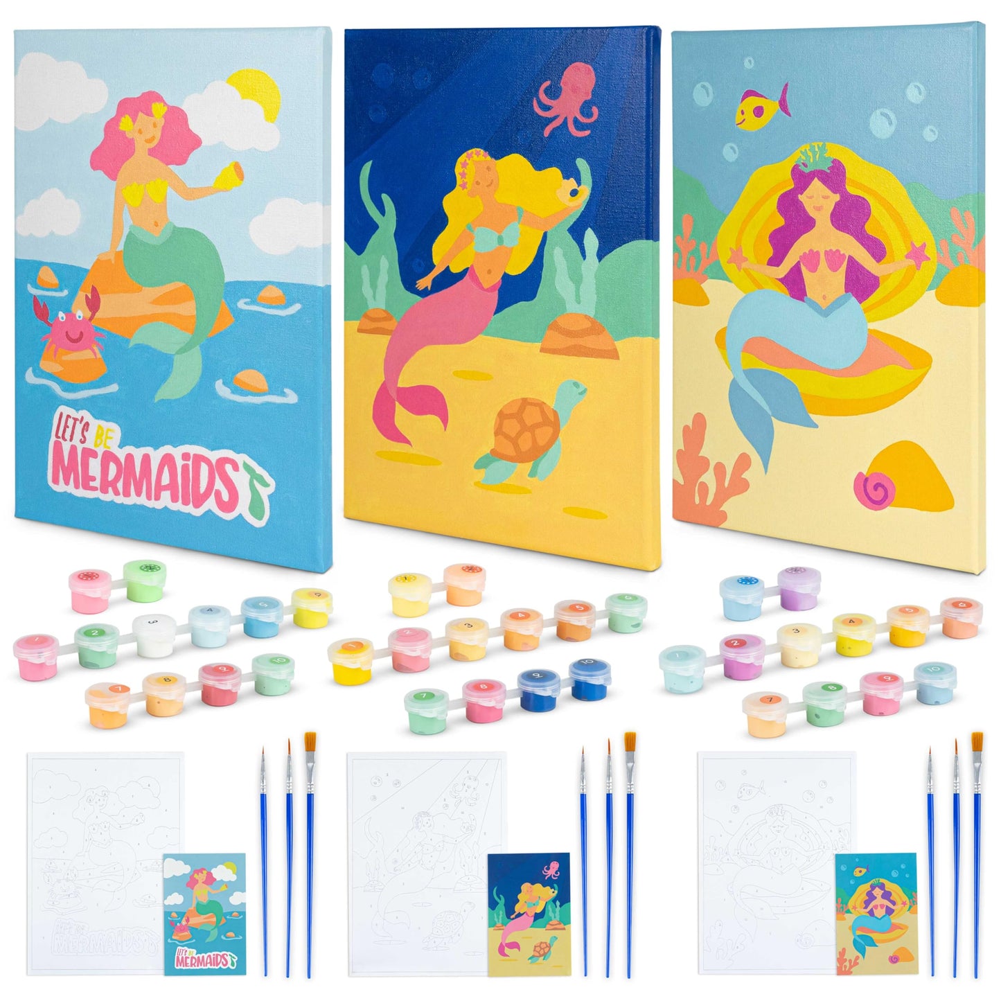 BONNYCO Paint by Numbers Kit for Kids Mermaid Pack 3 Canvas. Paint by Number Canvas Framed Pre Drawn, Mermaid Gifts for Girls Painting. Arts and Kids Crafts 4-6 8-12, Pintar por Numeros Niñas
