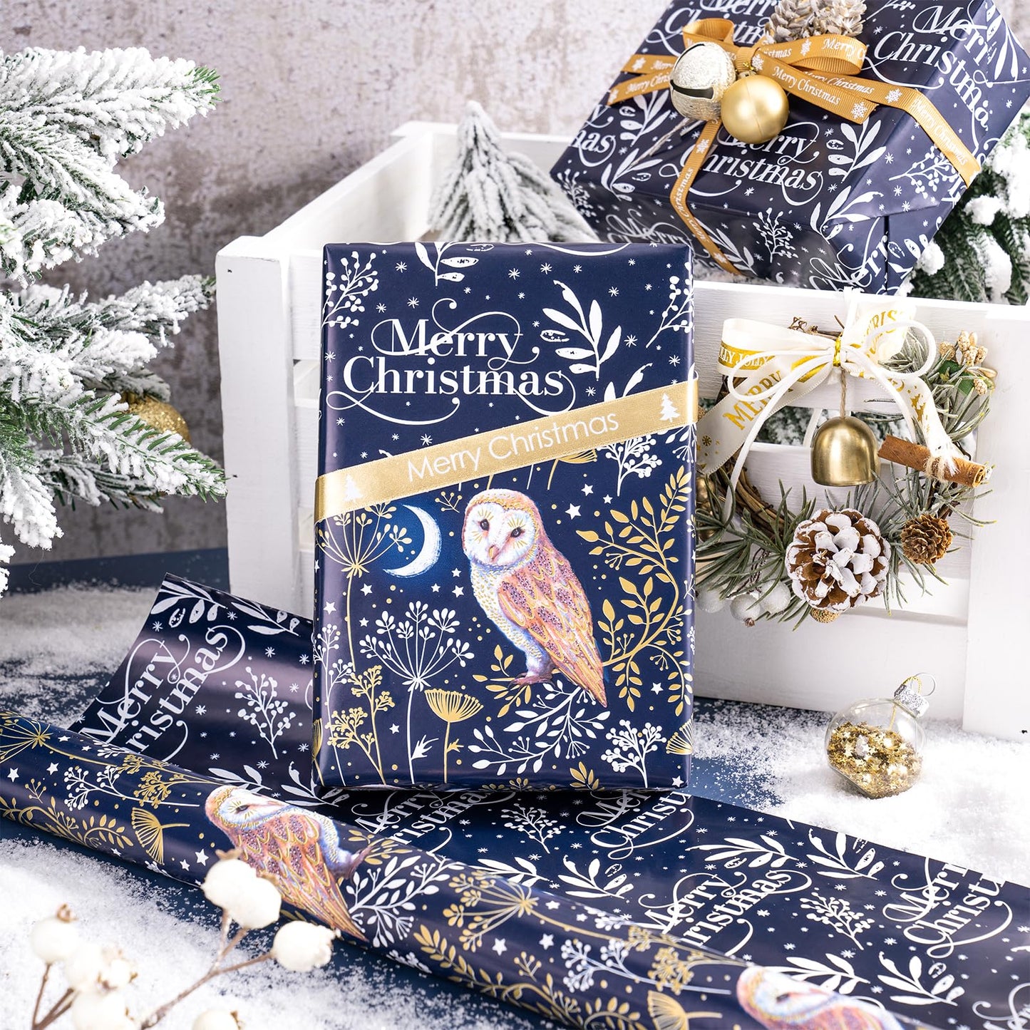 Reversible Wrapping Paper Roll - Mini Roll - Navy Blue Owl Pattern Great for Christmas, Party, Holiday - 17.5 Inches X 32.8 Feet