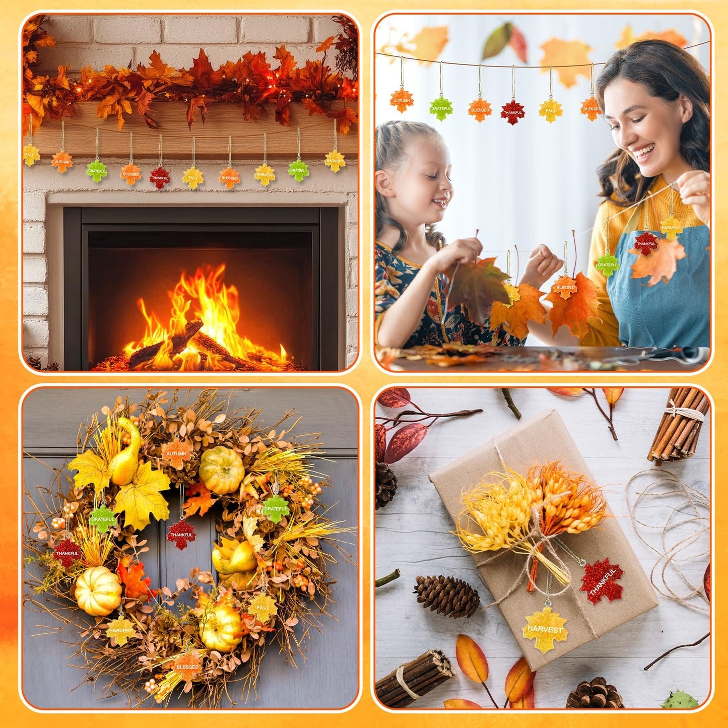 48Pcs Glitter Fall Maple Leaf Ornaments Resin Thanksgiving Hanging Ornaments for Small Tree Autumn Harvest Hanging Pendants Charms with String for Party Favors Home Table Wall Decor