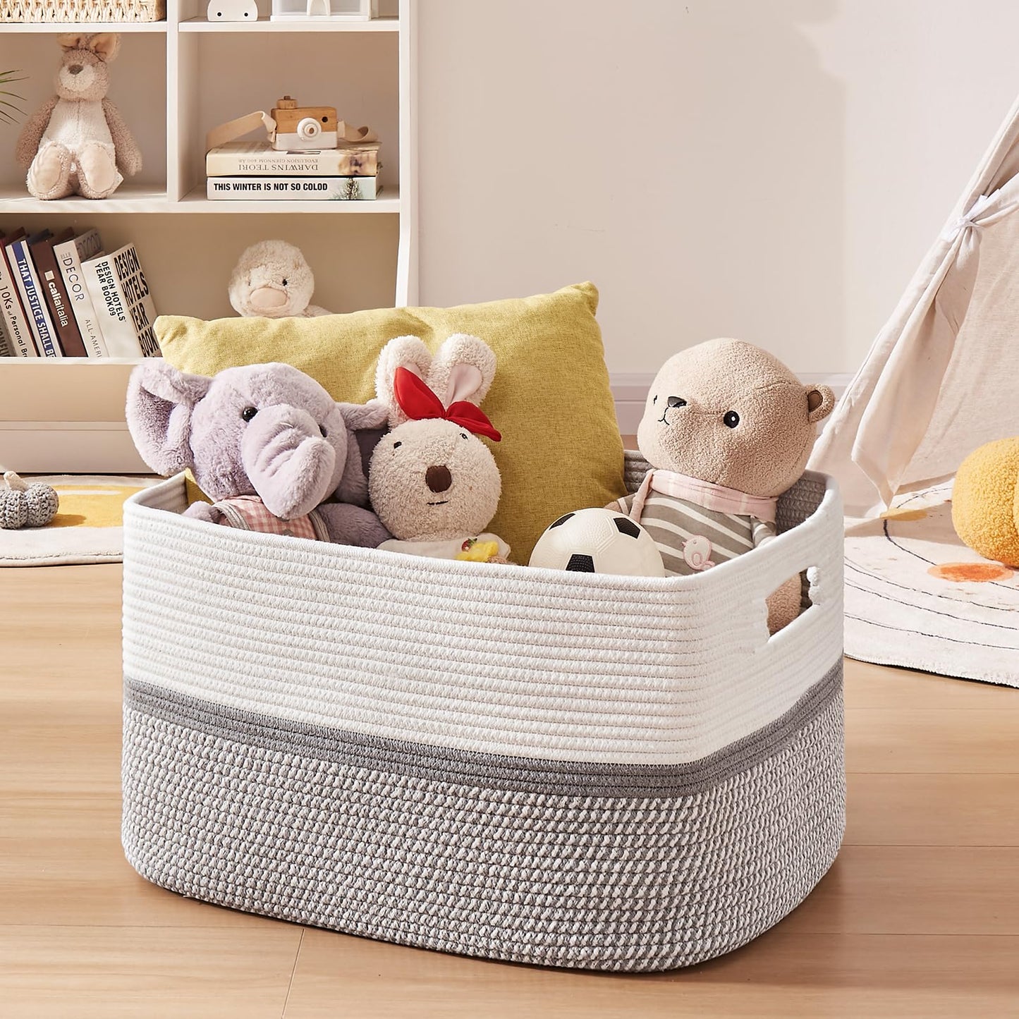 OIAHOMY Extr Large Toy Storage Basket, Rectangle Cotton Rope Storage Basket, Blanket Basket Living Room, Woven Baskets for Organizing, 25 x 16 x 16 Inches-Grey/White