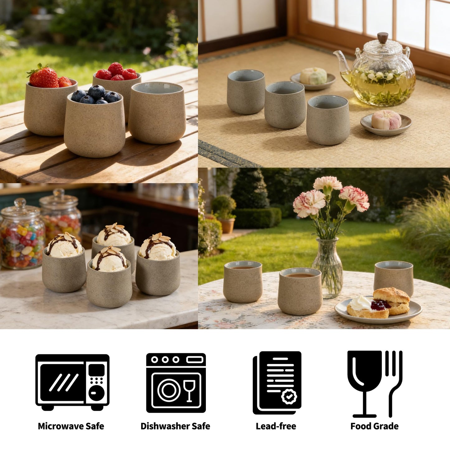 Japanese Tea Cups, Chinese Tea Cup, 7.2Oz / 205 Ml, Ceramic Tea Cup for Adults, Ceramic Cups no Handles, Japanese Cups, Asian Matcha Cup, Darker Grey, 4 Pcs/Box, H4