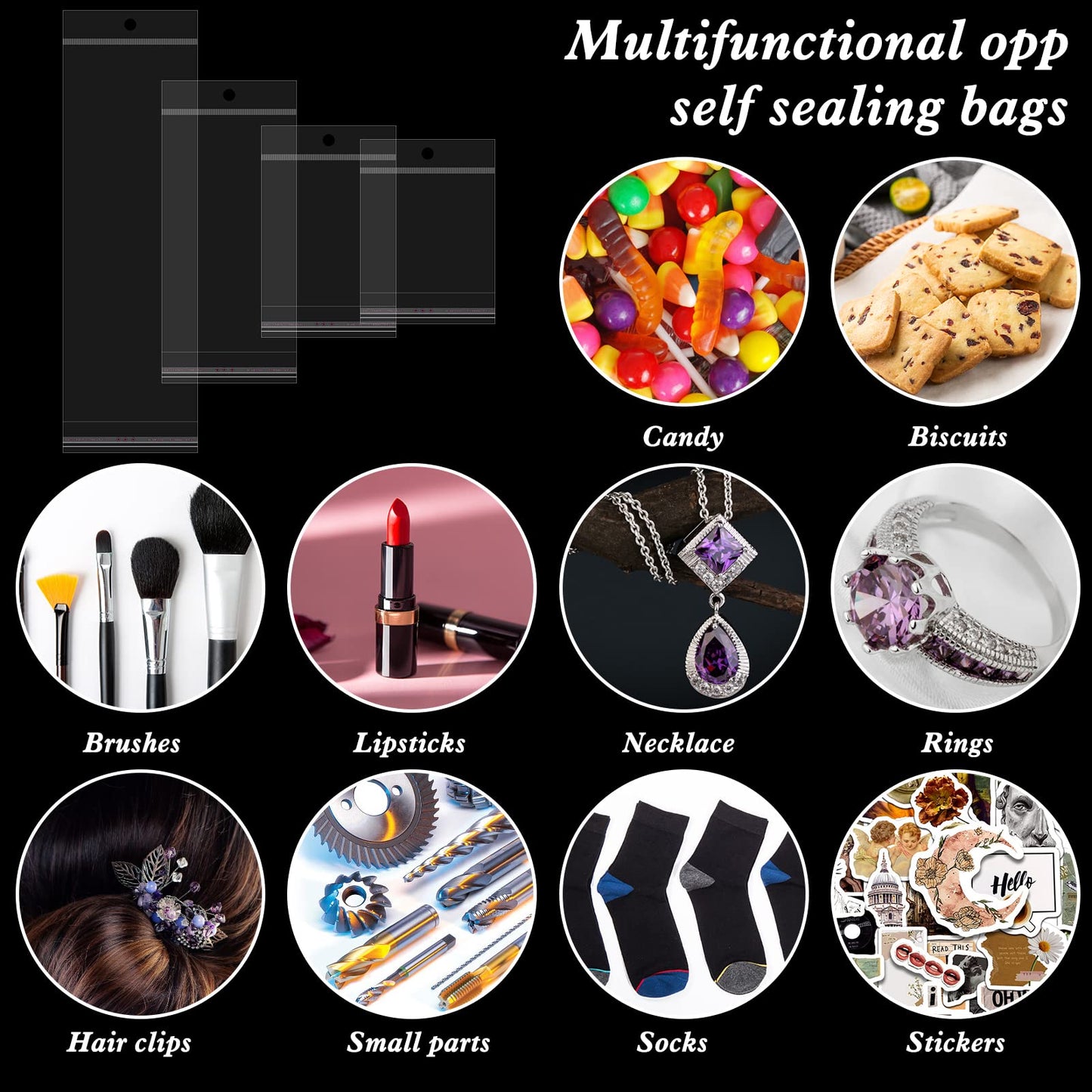 400Pcs Self Sealing Bag with Hang Hole Resealable Storage Bag Clear Plastic Hanging Bag for Packaging Necklaces Earrings Jewelry, 3.5 x 4.7inch, 3.5 x 5.5inch, 3.5 x 7.8 inch, 3.5 x 11.8 inch