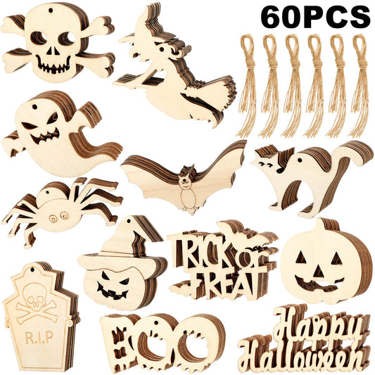 60 Pieces Halloween Wood Slices Cutouts Pumpkin Wooden Hanging Ornaments Happy Halloween Ghost Witches Gift Tags with Twine Ropes Kids DIY Crafts for Ornaments Supplies