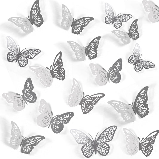 Crosize 48 Pcs Silver Butterfly Decorations, 4 Styles 3 Sizes, Butterfly Wall Decor, 3D Butterfly Party Decorations, Butterflies for Crafts, Bouquet, Cake Decorating, Flower Arrangements, Room Décor