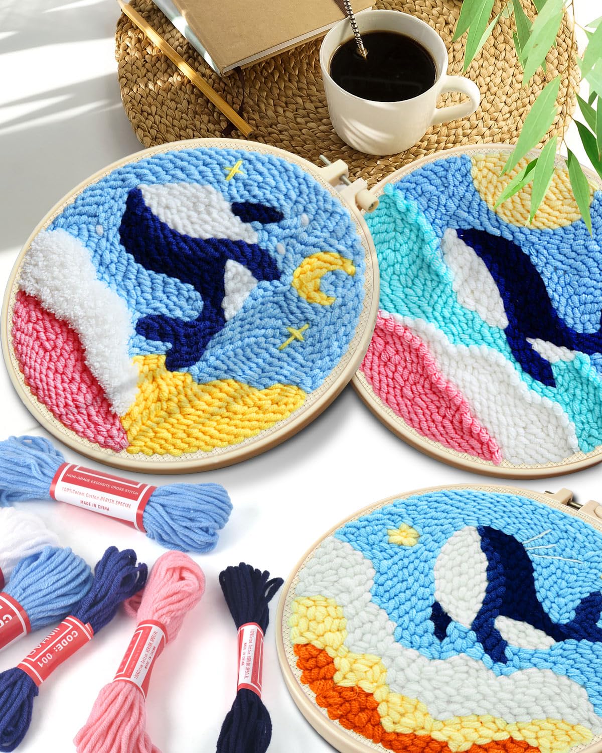 Punch Needle Kits, 3 Pack Punch Needle Embroidery Kits for Adults Beginner, Tool with Punch Needle Fabric, Hoops, Yarns and Sewing Needles (Whale)